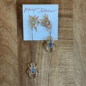 NWT Betsey Johnson Spider Mismatch Earrings Faux Blue Stone Gold Web Dangle Drop